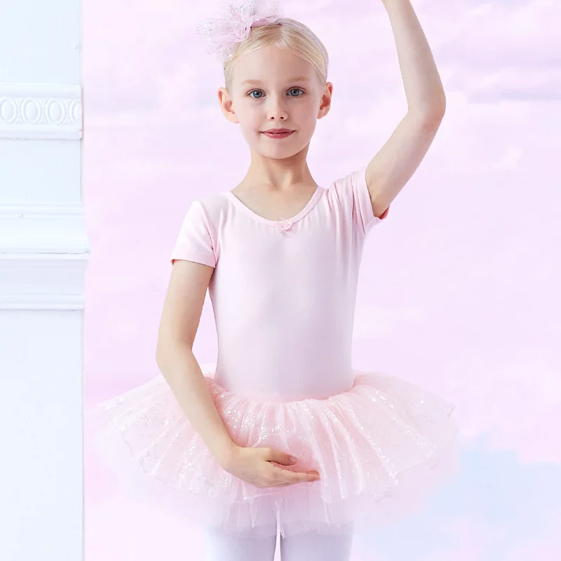 Children Ballet Summer Short Sleeve Cross Back Design Tulle Tutu Leotard Kid Dance Daily Training Class Stage Performance Outfit