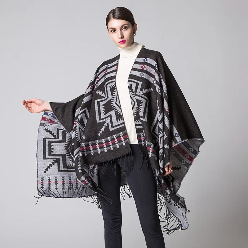 European American Popular Tassel Thickened Cashmere Like National Style Travel Fork Shawl Scarf in autumn Ponchos Capes