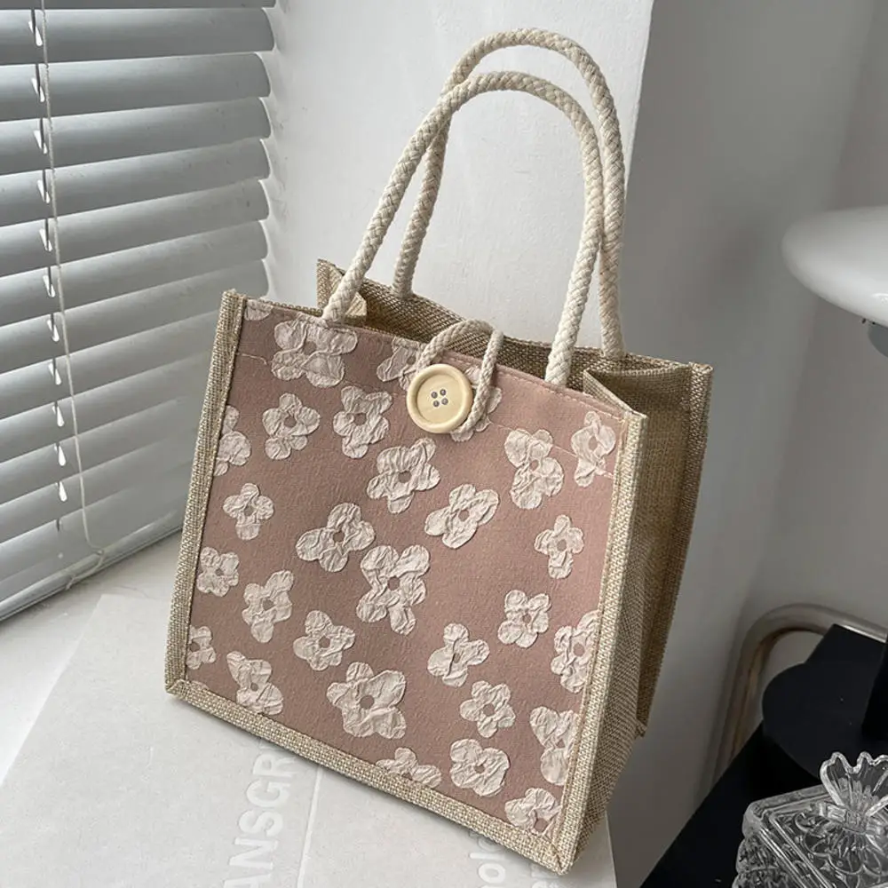 Bolso de mano de arpillera con estampado de flores para mujer, bolsa de lino con asa superior ecológica portátil, ideal para la playa y el verano