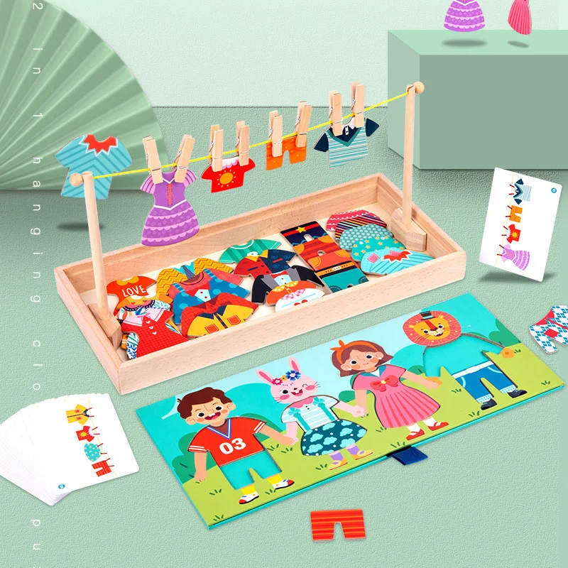 2 in 1 vestiti appesi/cambio vestiti Montessori cartone animato in legno modellazione di ruolo vestire Puzzle prima educazione Puzzle giocattolo bambini Gi