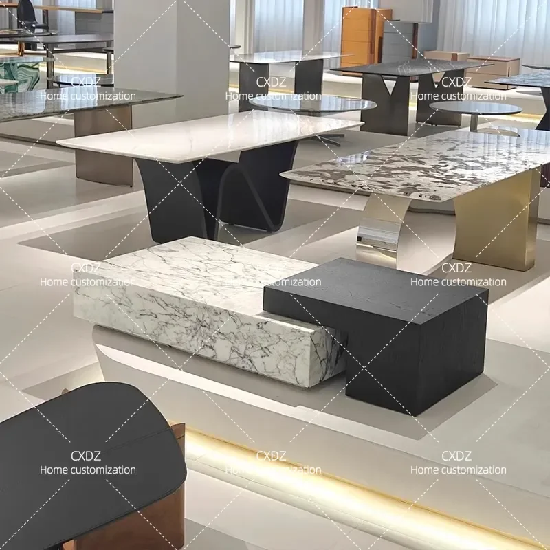 2024 New Minimalist Living Room Marble Coffee Table Modern Simple Rectangular Double Color Solid Wood Pattern