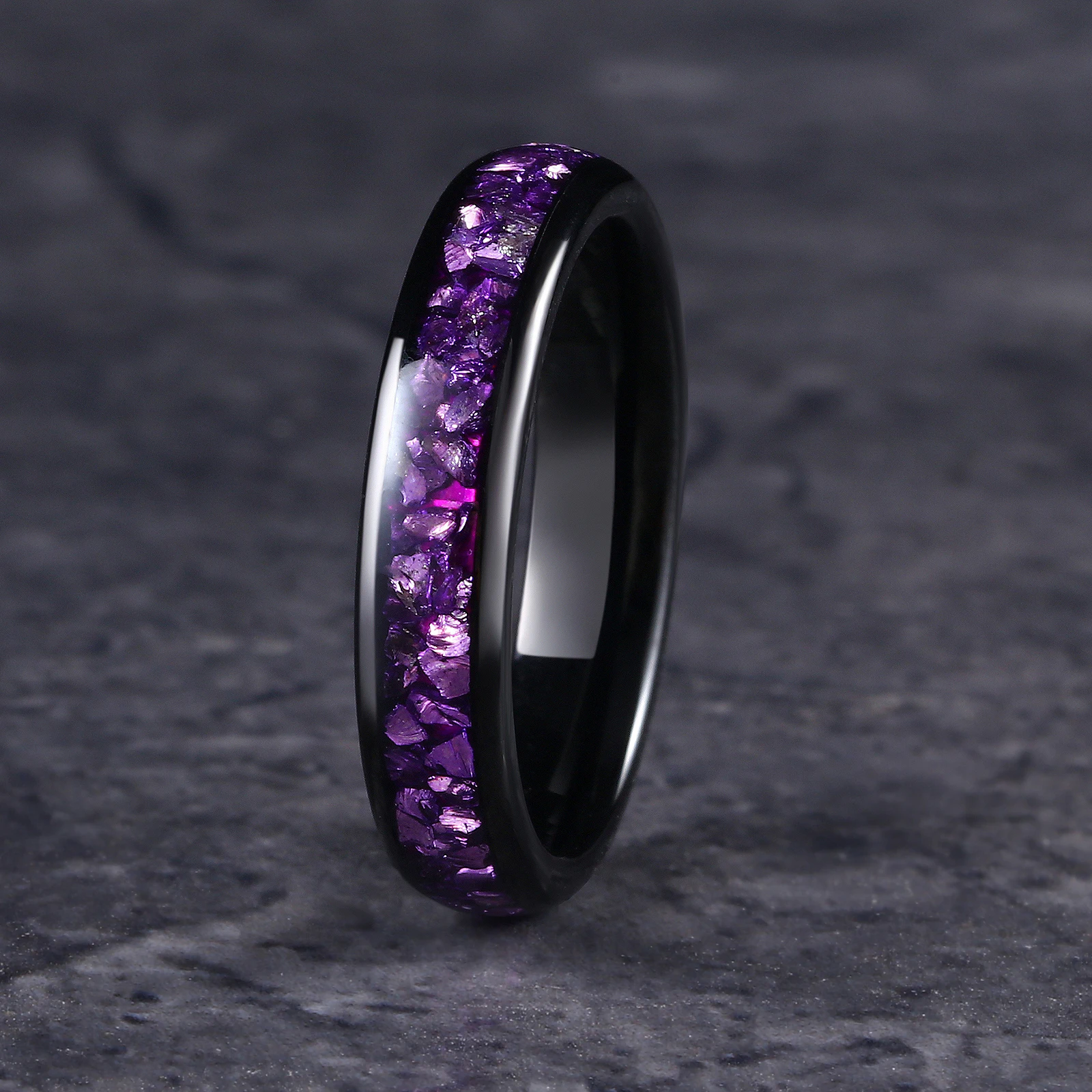 4/8mm Amethyst Black Tungsten Ring, Wedding Engagement Band Birthday Anniversary Gift For Him And Her