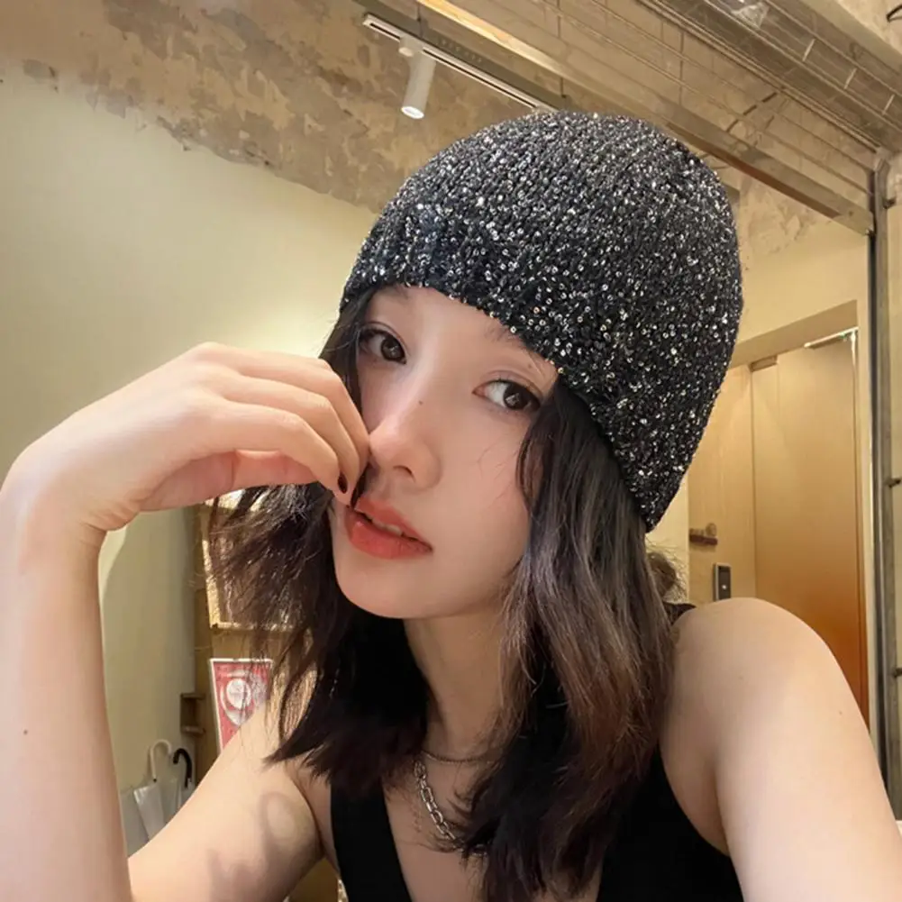 Sequin Adorned Cap Sequin Decor Dome Hip Hop Style Women's Hat with Elastic Band for Large Head Circumference for Outdoor