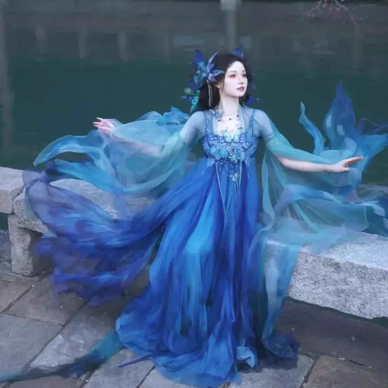 Cy[Blue Flash Butterfly]Zisong Hanfu Women's Super Immortal Heavy Industry Embroidery Big Sleeve Improved Strap Skirt National