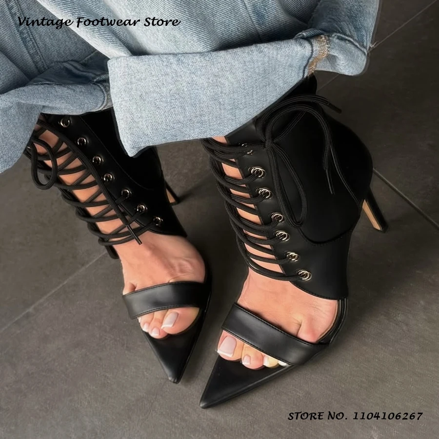 Black Cross-tied Sandals Sexy Pointed Open Toe Thin Heels Plus Size Shoes Women's Spring Summer Fashion Lace-up Stilettos image 3