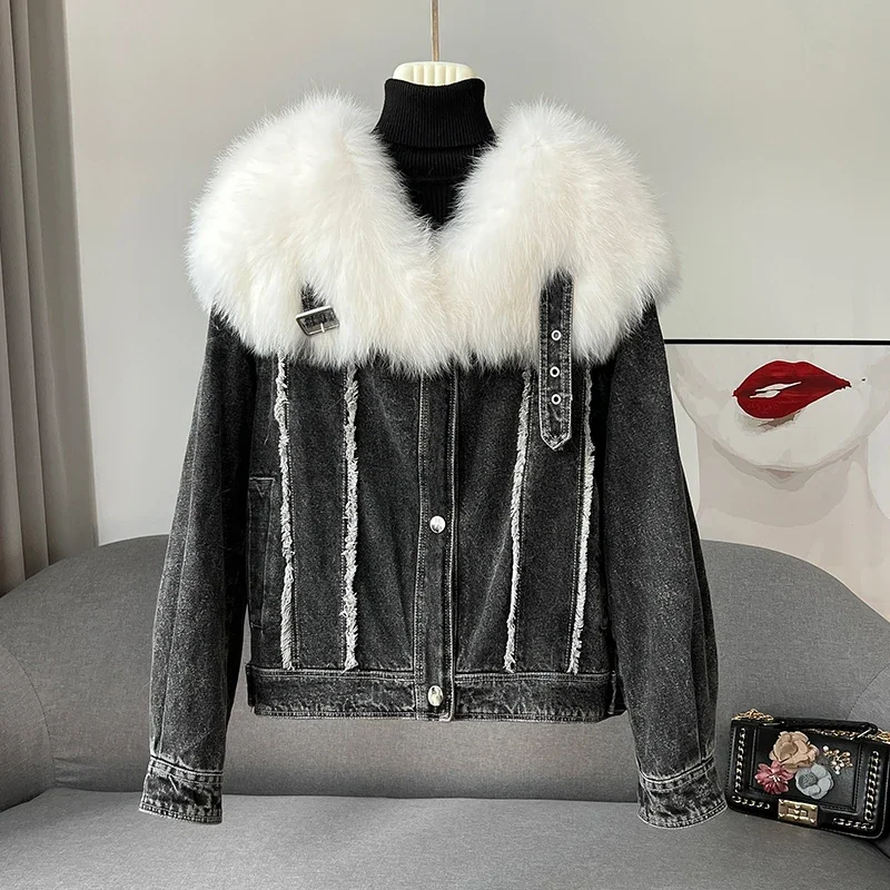 Women Girl Fox Fur Collar Warm Coat Lady Girl Goose Down Denim Jacket Winter Casual Parka Overcoat JT3189