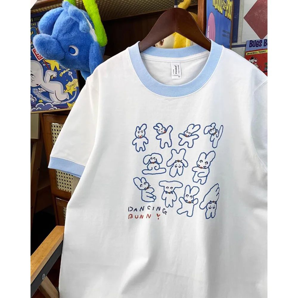 Dancing Bunny Printing Cute Blue Ringer Retro T Shirts Summer Short Sleeve Loose Casual Tops Tees Female 2025 Kpop Shirts