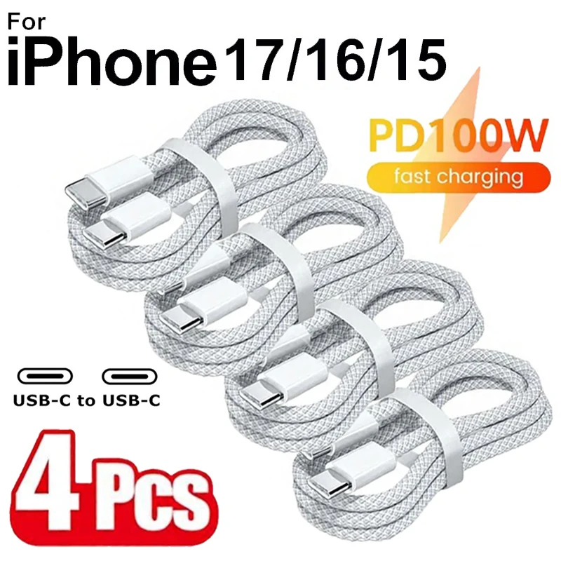4 Uds Cable USB C a USB C 100W Cable cargador de carga rápida admite carga rápida para iPhone 16 15 Samsung Xiaomi Huawei, etc.