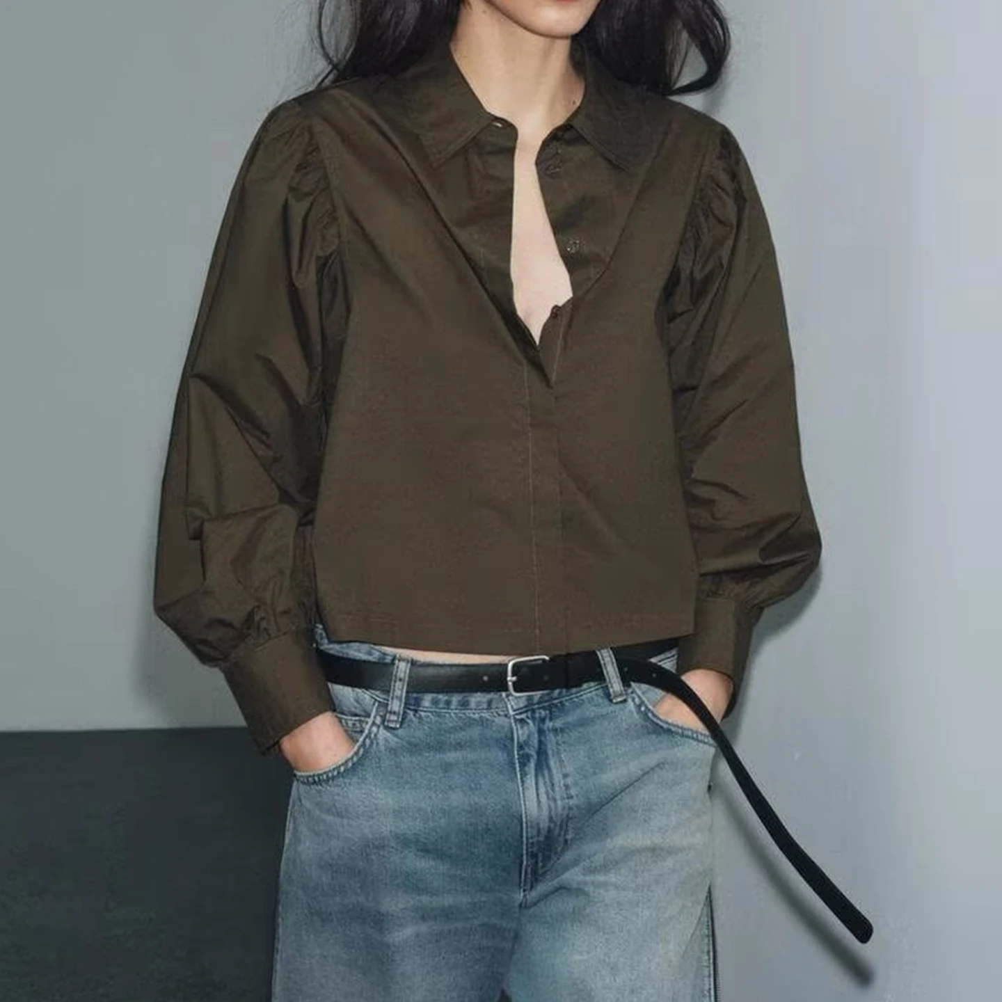 Faionable Bubble Sve irt Women's Sle Versatile 2025 Winter New Arrival Loose Fit Long Sve irt for Teen Girls