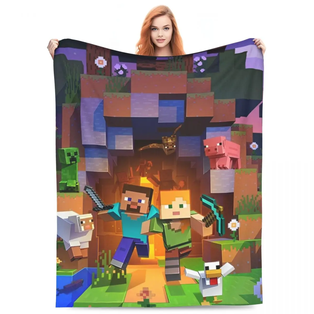 Cartoon Mines Pixel Game Crafts Flannel Blanket Super Warm Throw Blanket for Home Decor Decorative Street Trend Bedspread