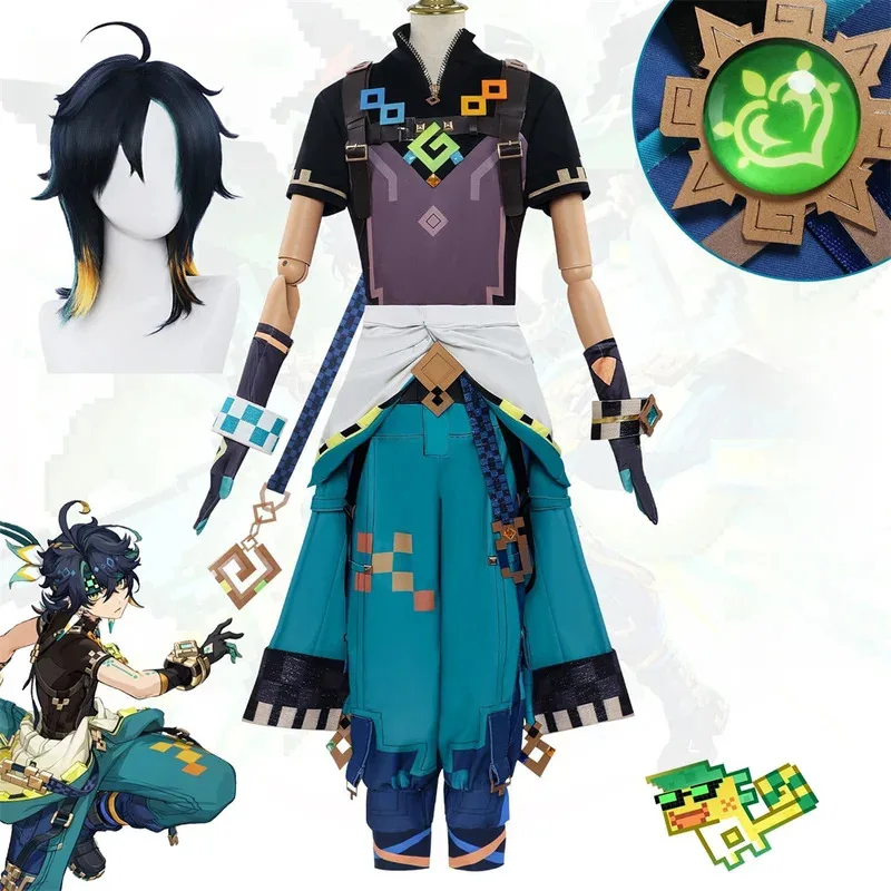 

Genshin Impact Kinich Косплей Костюм Парик Turnfire Hunt Униформа Серьги Наклейка Реквизит Huitztlan Natlan