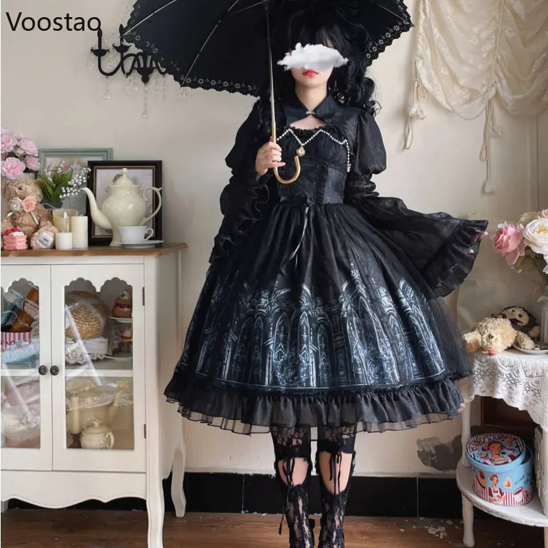 Japanse Gothic Lolita Jurk Vrouwen Victoriaanse Donkere Print Lange Mouw Mesh Sjaal Jurk Meisjes Harajuku Y 2K Punk Tea Party Jurken