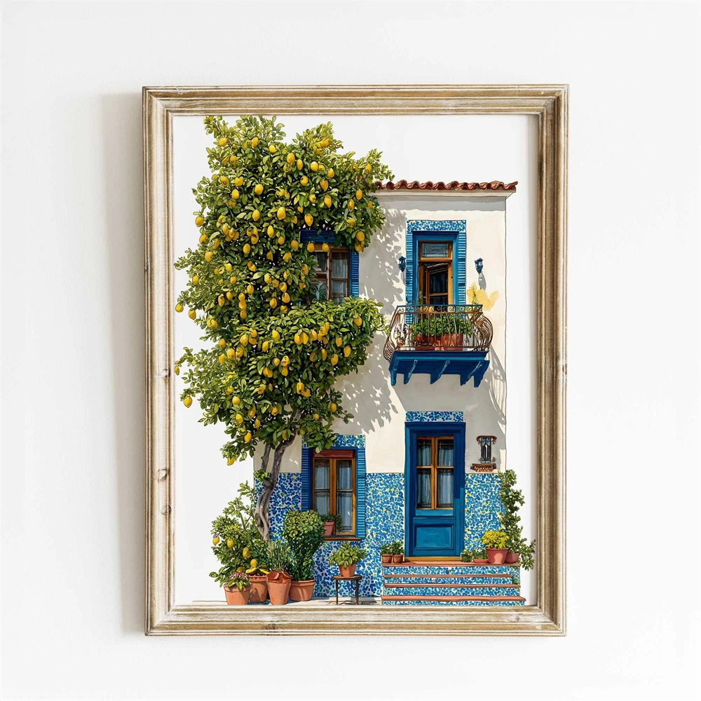 Mediterranean Cafe Wall Art Prints Lemon Tree Cafe Print Italian Coastal Poster Spanish Courtyard Watercolor Art Print Decor