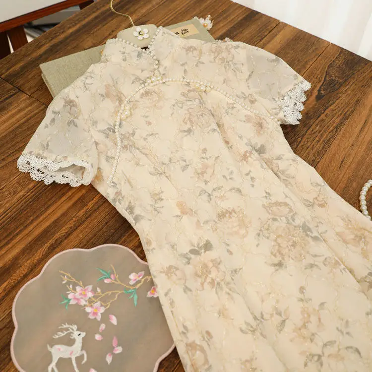 Modern Chinese Style Cheongsam Summer Lace Patchwork Short Sleeves Qipao Dress Elegant High-end Mid Length Dresses 2024 New