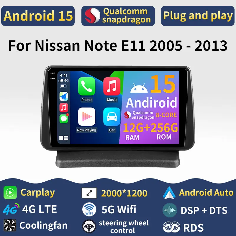 Android 15 Carplay para Nissan Note E11 2005 2006 2007 - 2013 reproductor de Radio de coche Video 360 cámara BT Multimedia GPS estéreo DSP Auto