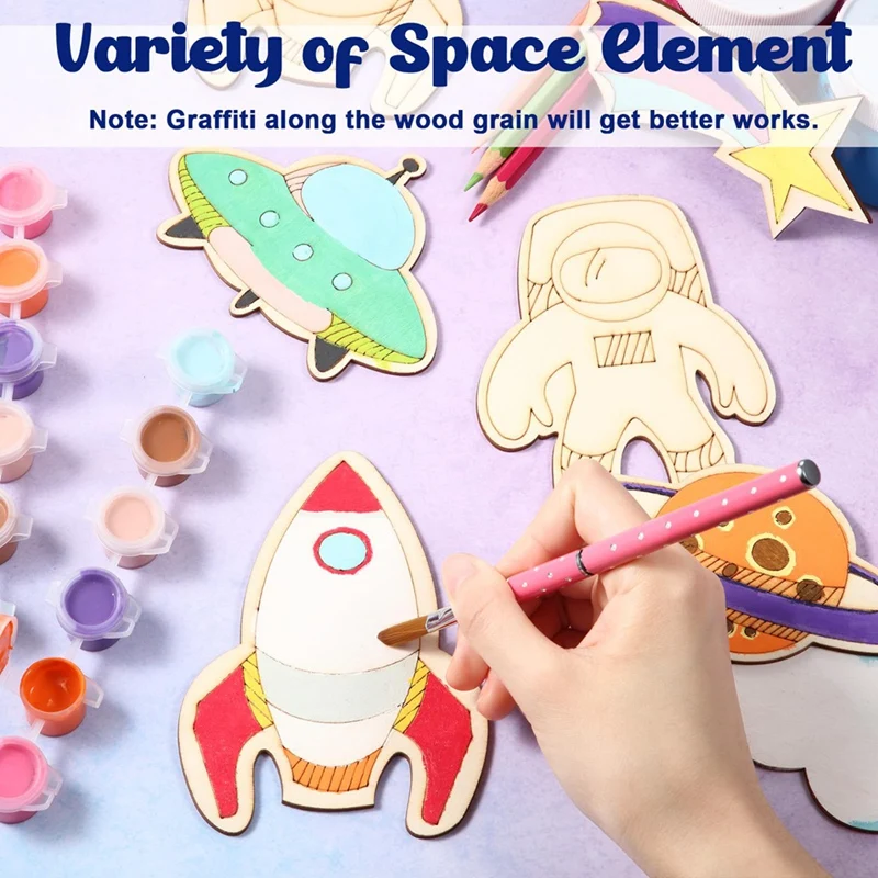 108 Pieces Outer Space Crafts Unfinished Wooden Cutouts Space Themed Favor Astronaut DIY Wood Painting Art Project