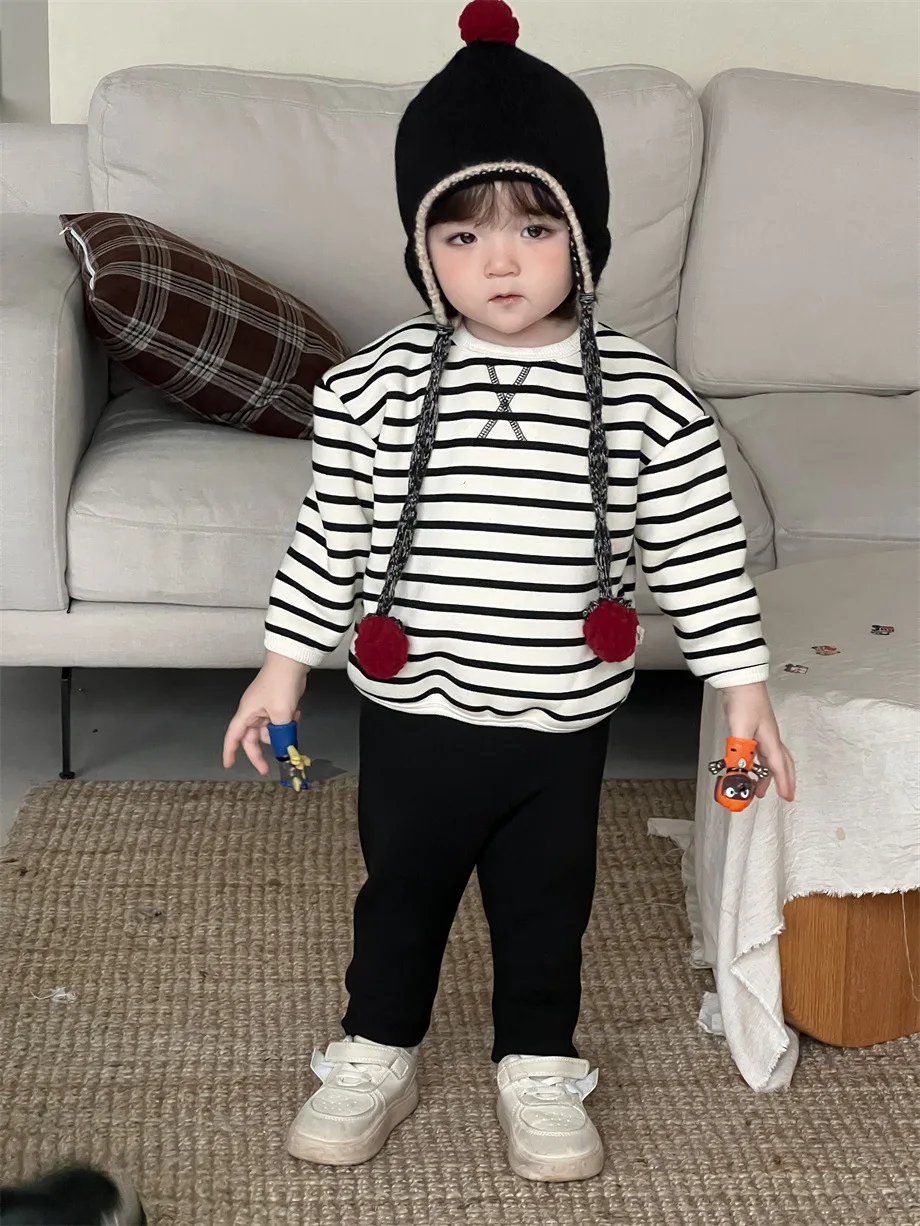 2024 Winter New Baby Plus Velvet Thick Sweatshirt Set Boys Girls Striped Bottoming Shirt + Pants 2pcs Suit Infant Fleece Outfits image 3