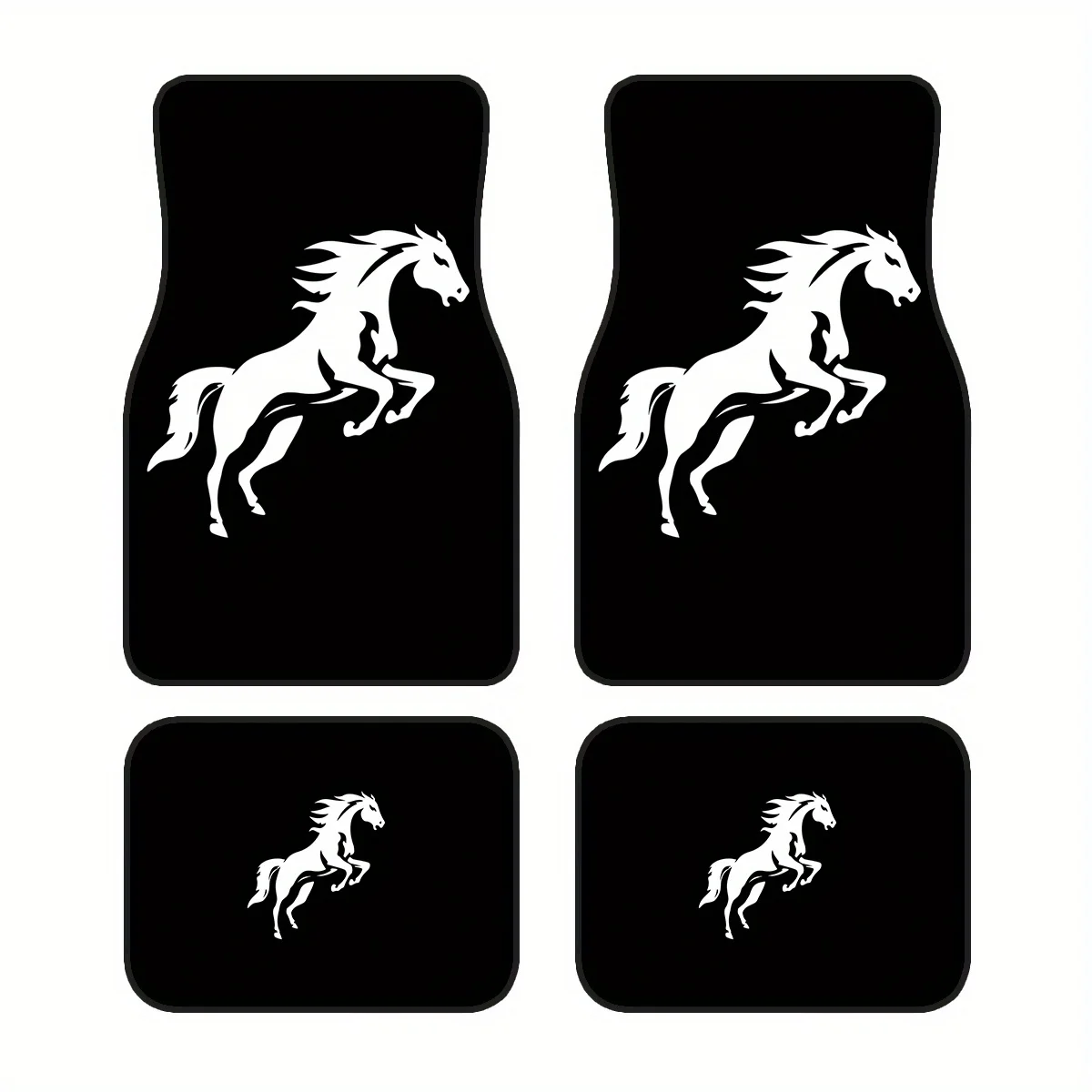 4pcs Black And White Galloping Horse Car Floor Mats - White Horse Design, Fit For Sedans, SUVs, Trucks - Durable Easy-Clean Poly