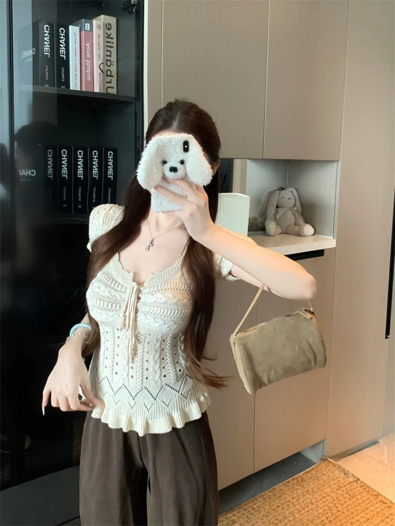 White V-Neck Hollow out Belted Short Sleeve Knitted T-Shirt Women's Summer Pure Desire Slim Fit Short Length Lace Hem Top