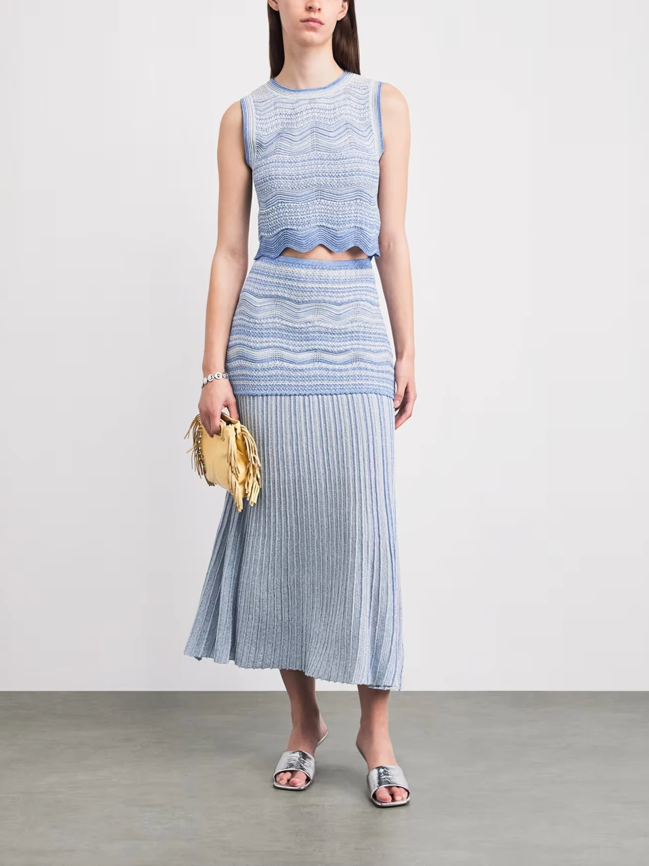

Casual Knitted Wave Pattern round Neck High Waist Slim Fit Vest Fish Tail Skirt Two Piece Set High Elasticity Summer Autumn S...