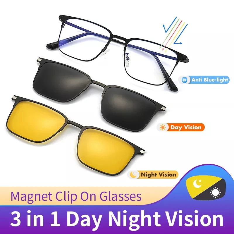 Metal 3 In 1 New Style Magnet Clip On Glasses Frame Trend Polarized Sunglasses For Men 2023 Optical Computer Glasses UV400 7012