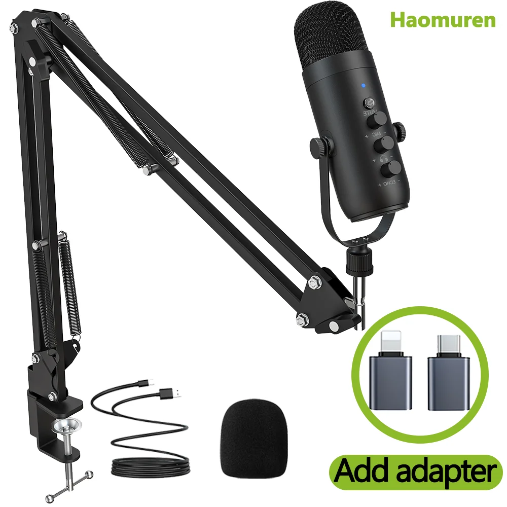 

Haomuren Podcast Condenser Microphone stand with Arm Gaming USB Mic Set for PC phone Studio Streaming Recording Youtube K66S
