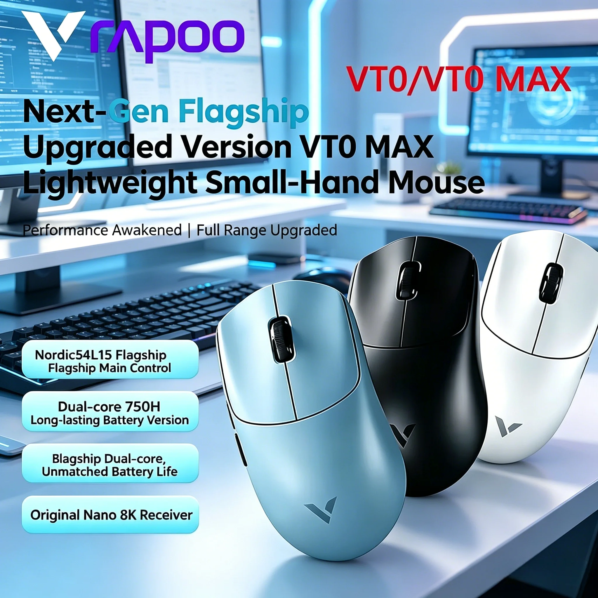 Ergonomic Design Rapoo VT0 MAX Dual 8KHz Wireless Gaming Mouse 45000DPI PAW3950 PAW3398 Nordic54L15 Chip FPS Mice