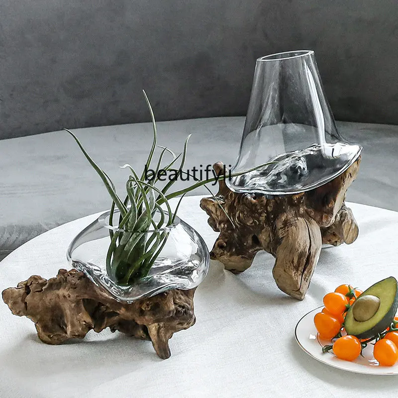 yj Modern Minimalist Floor Glass Vase Wood Root Carving Decoration High-End Decoration Fish Tank