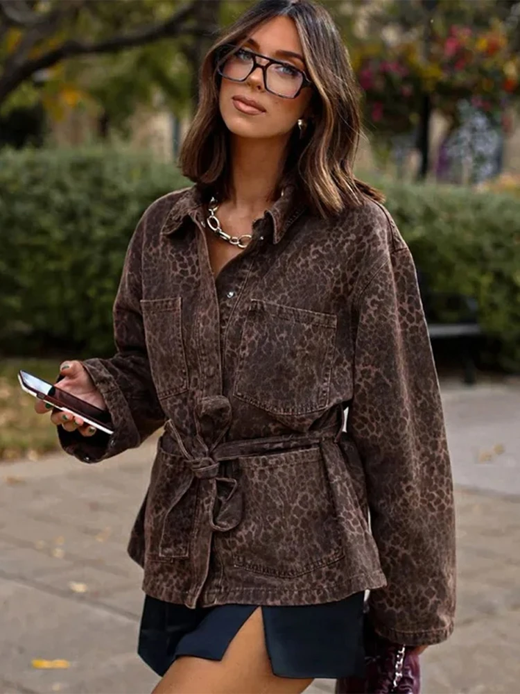 Woman Leopard Print Lapel Lace Up Jacket Casual Long Sleeve Pocket Coats 2024 New Autumn Lady High Street Office Outerwears