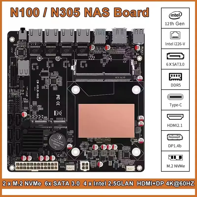 

SZBOX NAS Материнская плата N100 N305 DDR5 NVME HD DP Dual Display 4X Intel i226-V 2.5G LAN 17x17 Mini ITX плата Радиатор Опционально