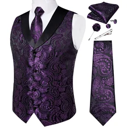 Luxury Purple Floral Adjustable Vest for Man Business Party Dress Suit Fashion Turn-down Collar Men's Waistcoat Tie Handkerchief