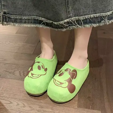 2026 summer new Mickey Minnie Mouse cartoon Comfortable real photos green khaki high quality girl women heel fashion slippers