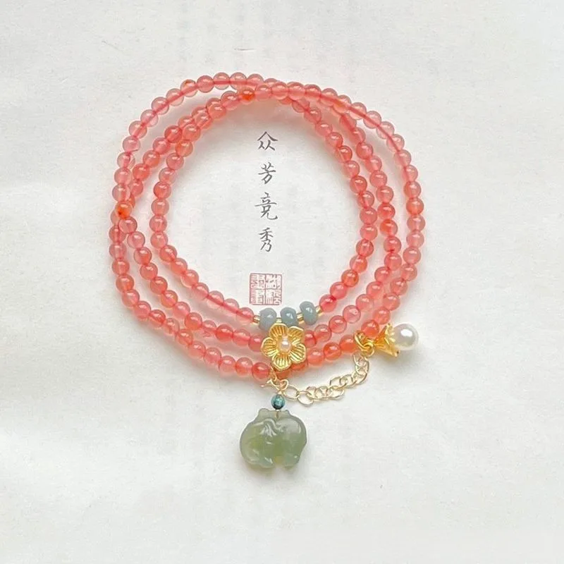 

Nanjiang Carnelian Bracelet Women's round Beads Ice-Permeable South Red Multi-Circle Bracelet with Hetian Jade Elephant