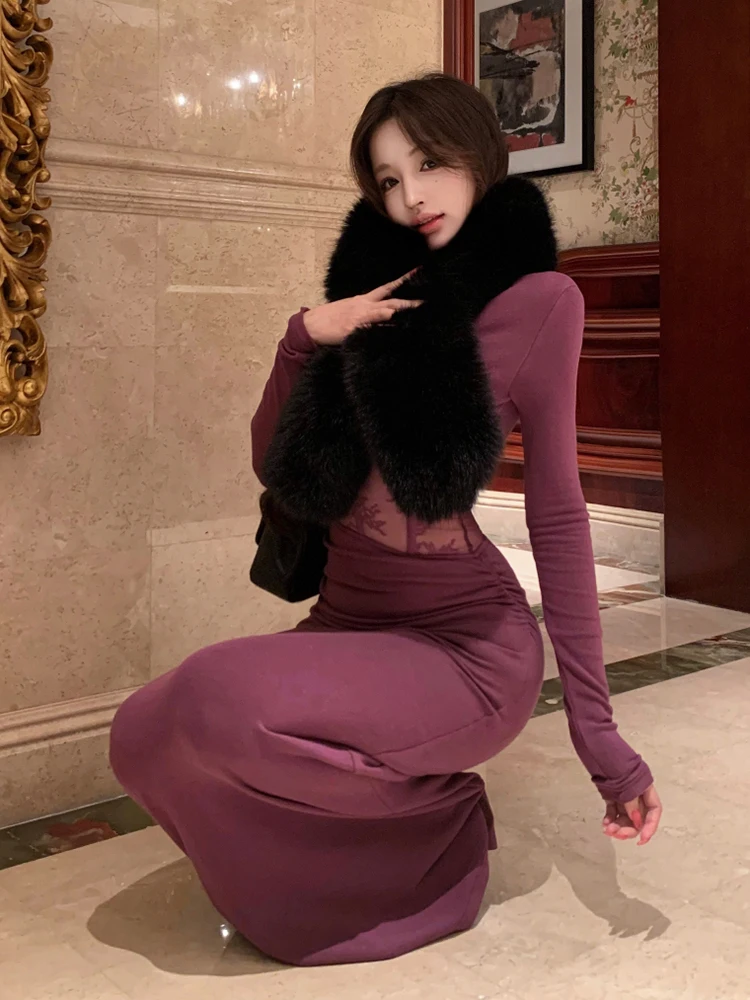 REDDACHiC-vestido calado de encaje para mujer y bufanda de piel sintética, tejido de manga larga con cuello vuelto, vestido largo ajustado, ropa Sexy de otoño