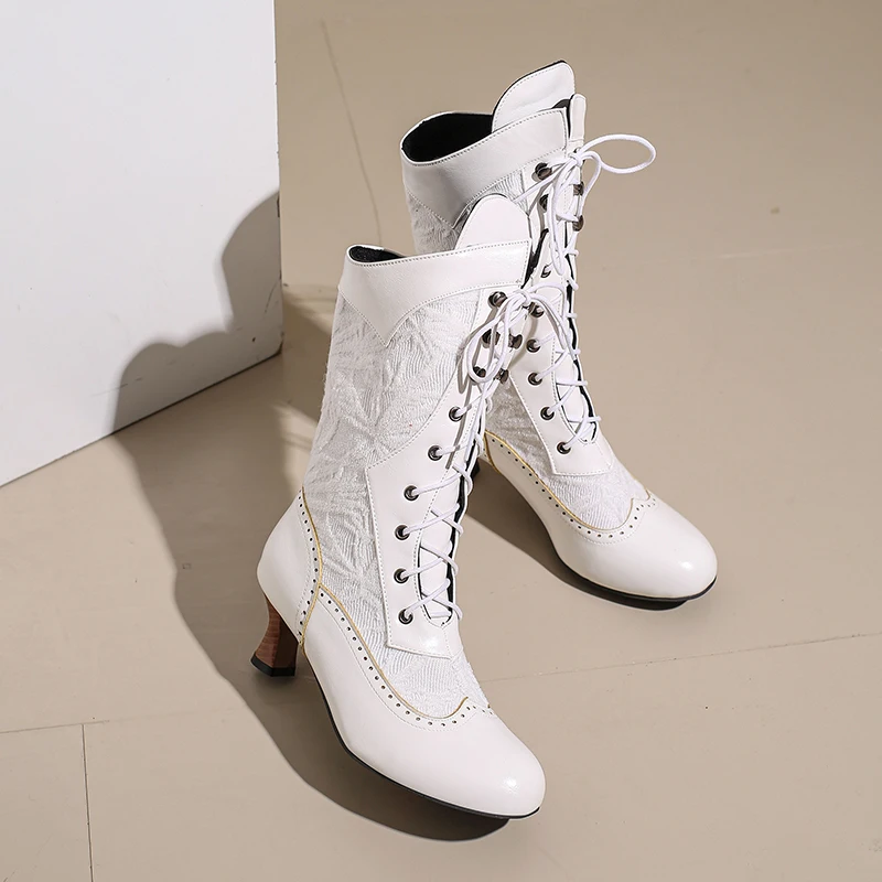 Kcenid Plus Size 50 Ankle Boots For Women High Heel Cross-tied Lace-up Mid-Calf Motorcycle Boots Round Toe Women`s Winter Boots