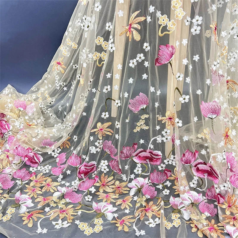 

1 Yards Flower Embroidery Fabric Soft Tulle Nigerian Lace Fabrics Bridal Wedding Dress Cheongsam Prom Dress Applique Crafts