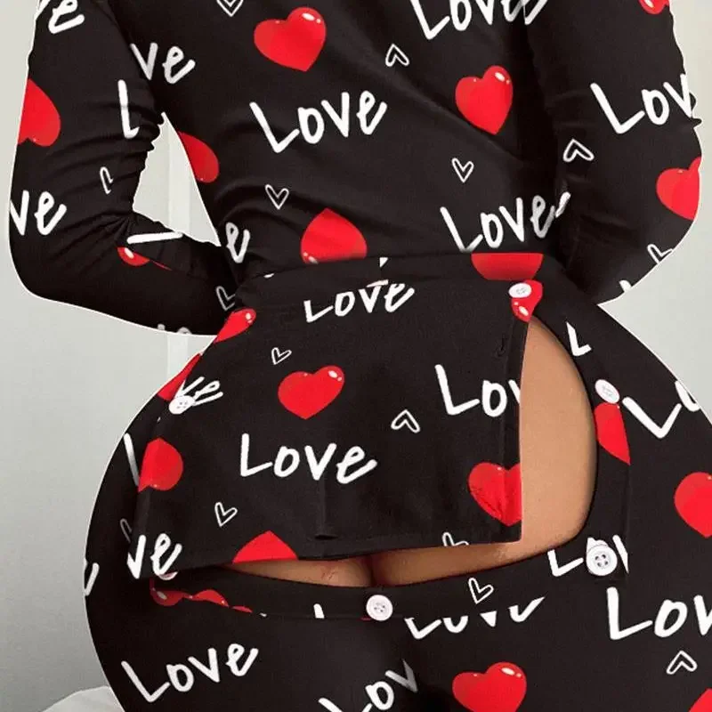 High Waist Home Jumpsuit Women Heart Letter Print Functional Buttoned Flap Sleep Onesie Slim Fit Long Conjoined Body Pants 2024