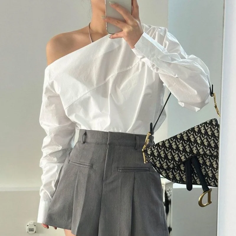 Fashion New White Women Blouse Sexy Off Shoulder Long Sleeve Shirt Office Lady Elegant Casual Cotton Tops