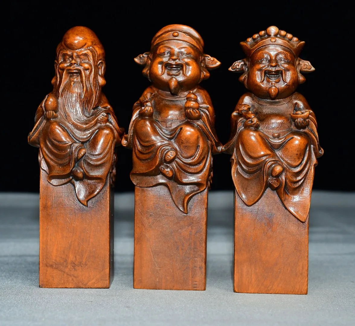 Old Boxwood Fortune God Fu Lu Shou Three immortals Standing Buddha seal Study Amass wealth Ornaments