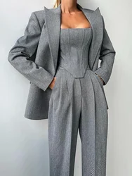 Casual Solid Women's Blazer Coats Pants 3 Pieces Sets Elegant Long Sleeve Coat Fishbone Top High Waist Wide Trousers Lady Suits