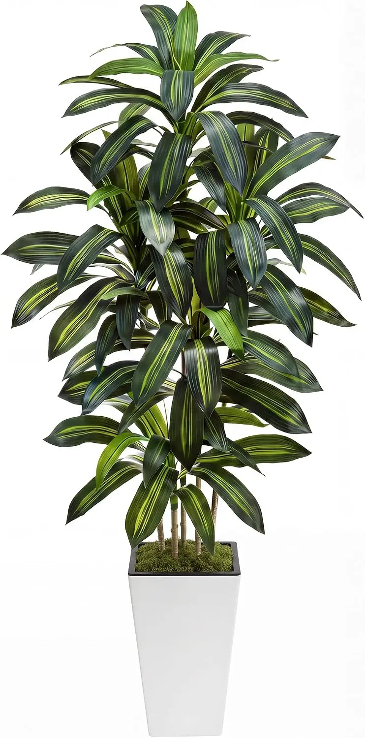 5FT 6FT 7FT Kunstmatige Dracaena Boom met Witte Bloempot, Realistische Kunstzijde Vloerplant met Gestructureerde Stammen voor Woonkamer Kantoor Huis Binnen Buiten Decoratie, Onderhoudsarme Kunstplant