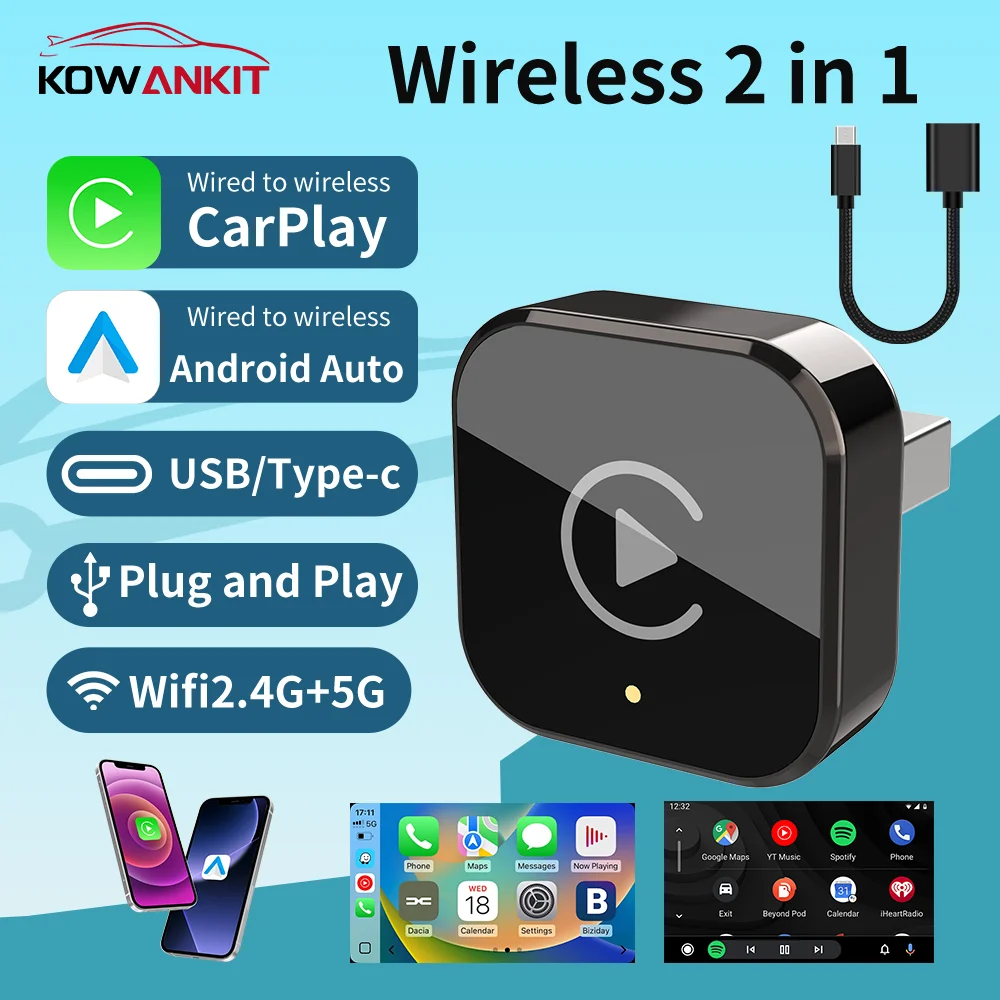 Wireless Carplay Adapter Android Auto 2 in 1 Smart Mini Ai Box Plug & Play Wifi Usb Dongle Fits Cars From 2016+ 2026 New
