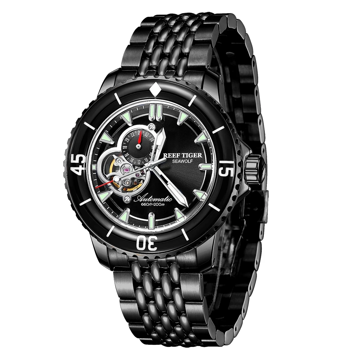 Reef Tiger/RT Luxury Dive Watch For Men Automatic All Black Bracelet Watches Luminous Mechanical Watch Waterproof 200M Watches