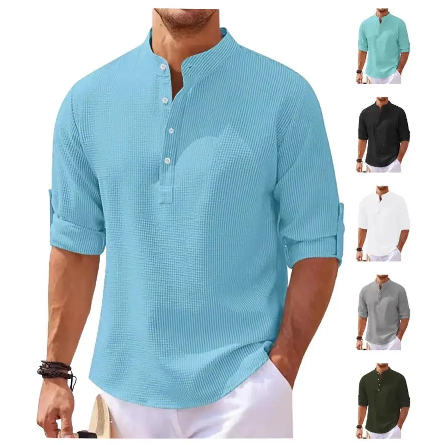 

Men's Long Sleeve Shirt Casual Breathable Button Stand Collar Grid Pattern Independent Station Cross Border TK Shirt