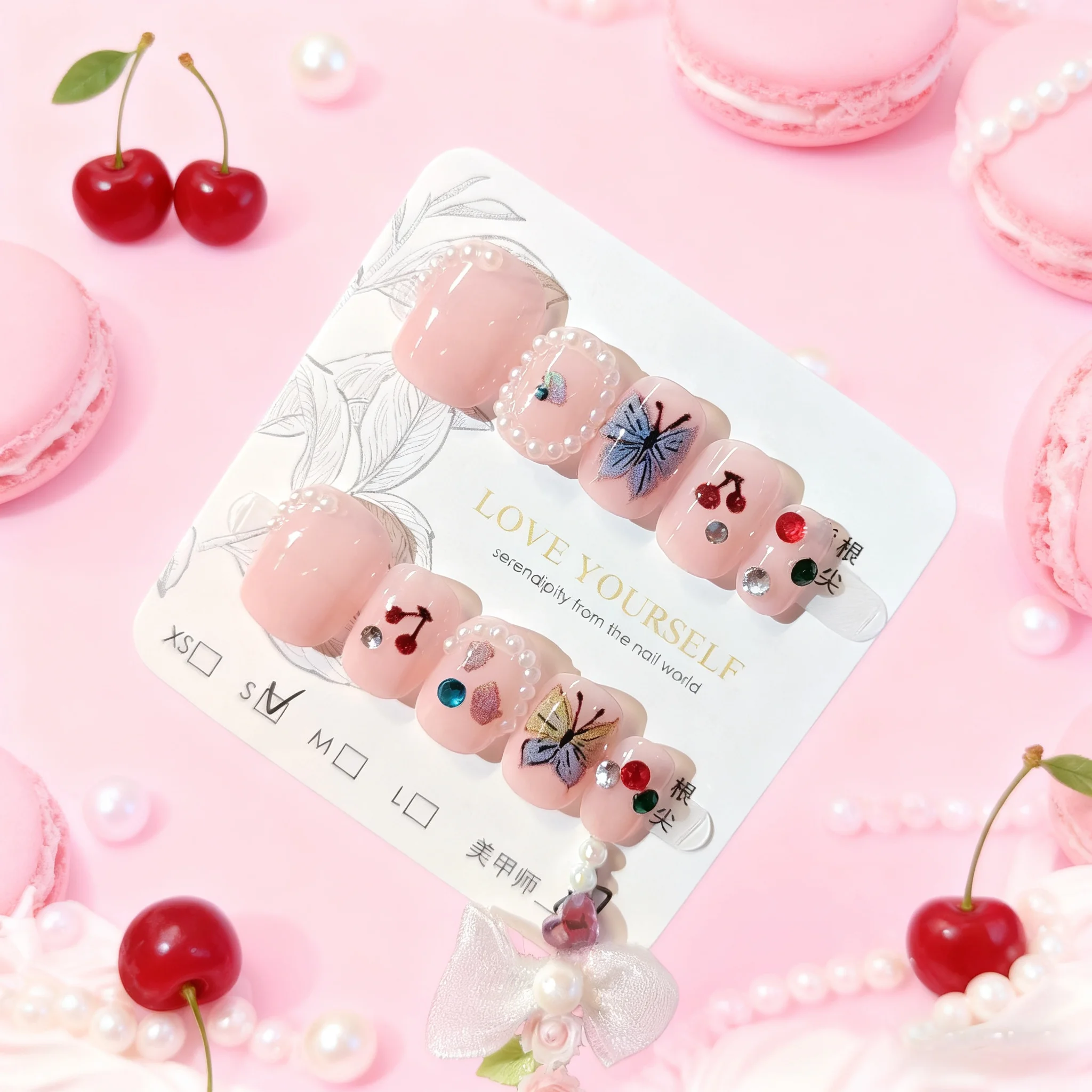 Handmade Cute False Nails Light Pink Short round with Pearl Butterfly Designs Press On Nail Sweet Style Manicure Nail Tips Art