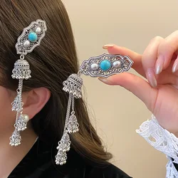 Oval Round Rhinestones Pattern Bell Fringe Hair Clips for Women Ethnic Side Fringe Duckbill Clip Neo Chinese Style Accessories