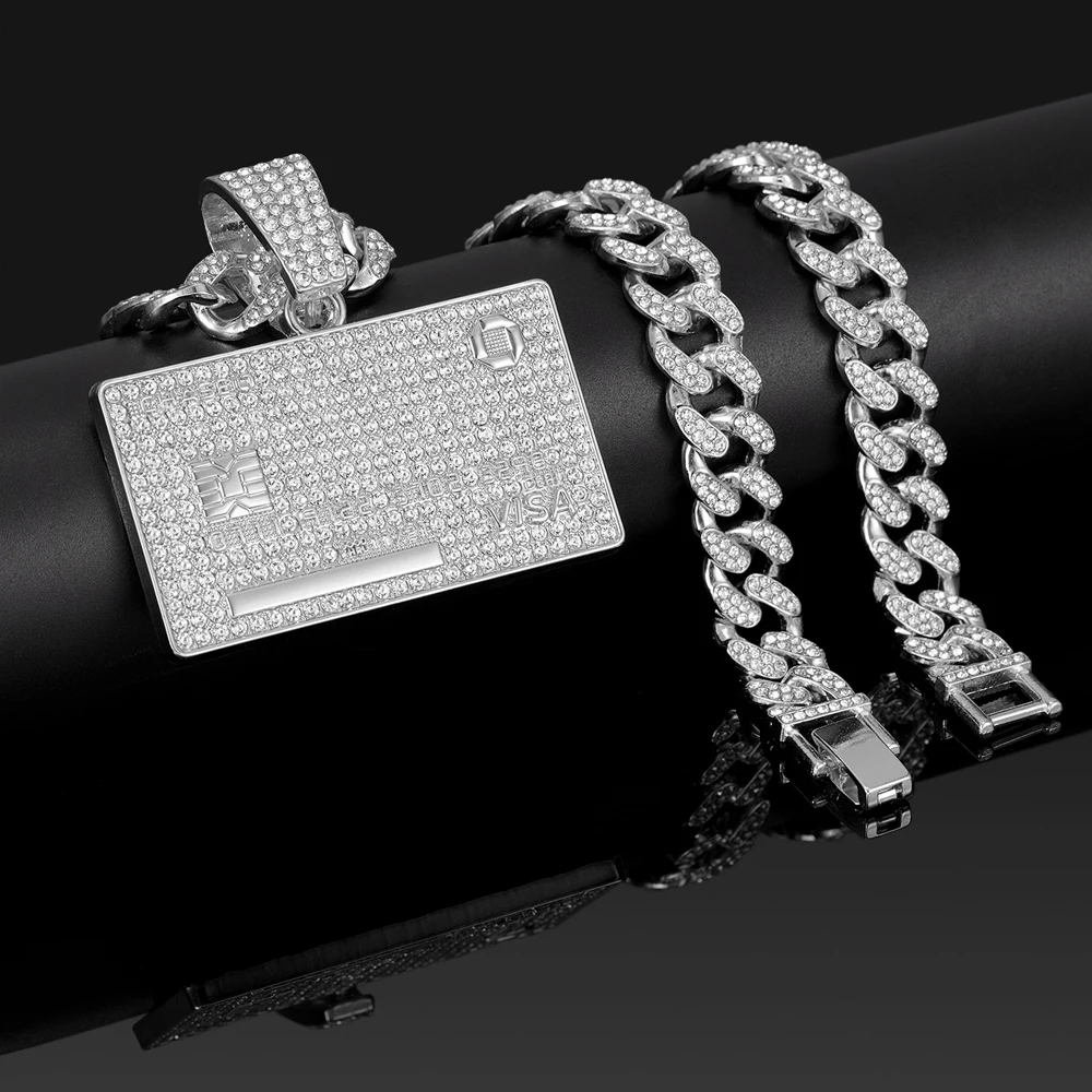 Men\'s Hip Hop Credit VISA Card Pendants With 13mm Miami Cuban Chain Iced Out Bling Bank Card Necklaces Fashion Jewelry for Woman