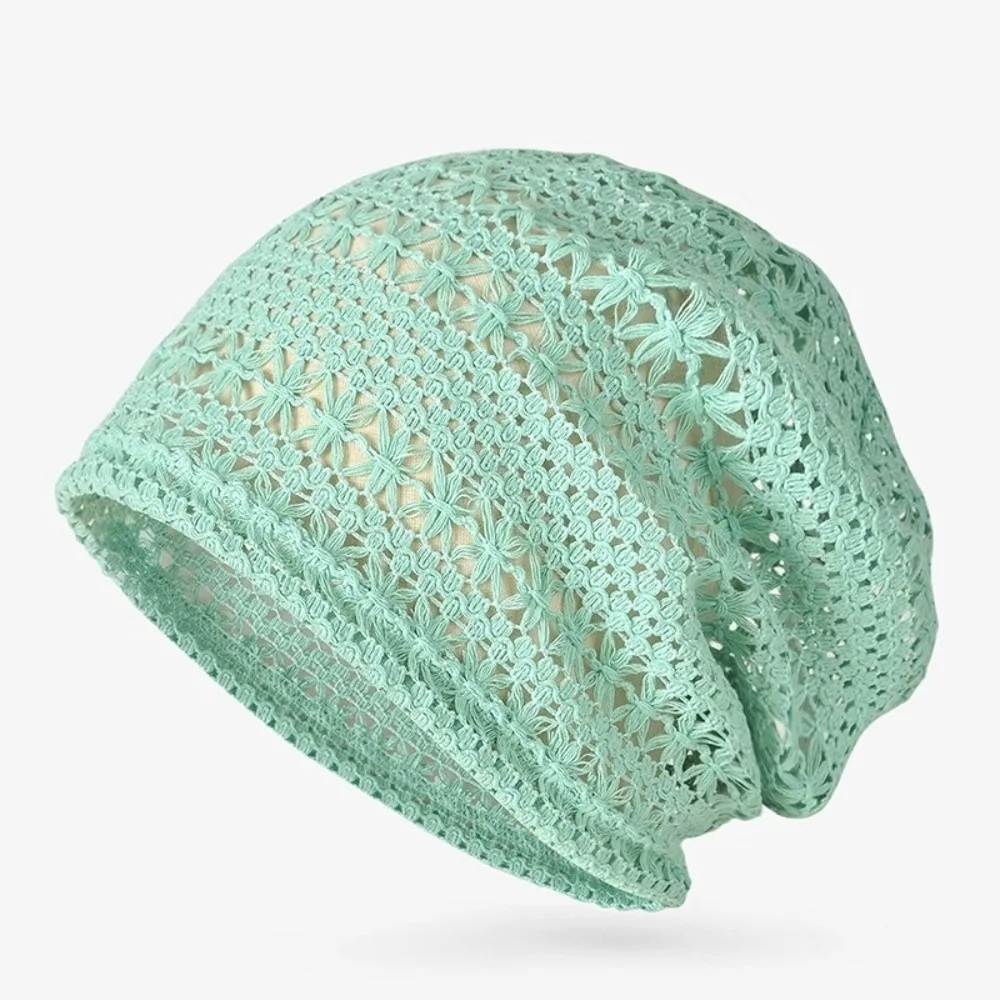 Lace Breathable Hollowed Hat Soft Elastic Fit Openwork Knit Hat Striped Pattern Lightweight Brimless Hat Spring Summer