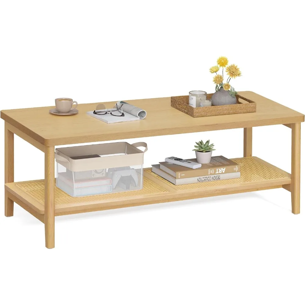 

2-Tier Coffee Table for Living Room, Rectangular Living Room Table, with PVC Rattan Storage Shelf, Rounded Corners, Easy