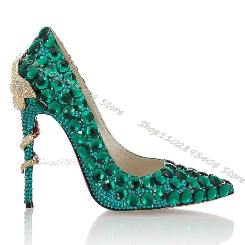 Green Crystal Decor Metal Twine Pumps Solid Shallow Pointed Toe Stiletto Shoes Stylish Wedding Party Shoes Zapatos Para Mujere